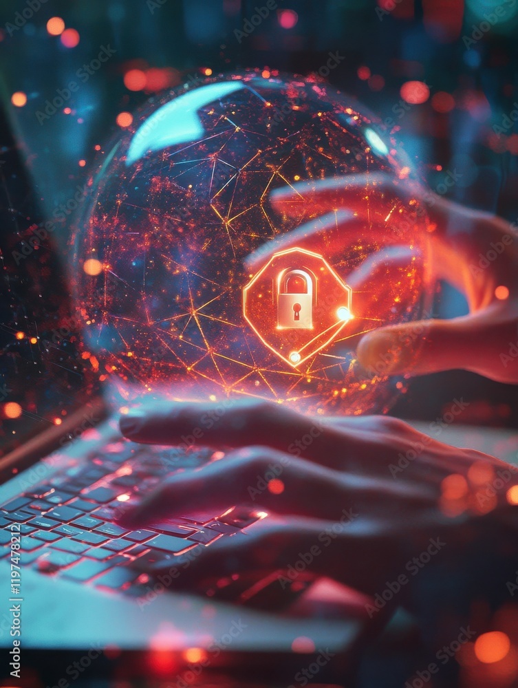 Poster close up of hands using laptop keyboard with abstract glowing polygonal sphere with glowing digital 