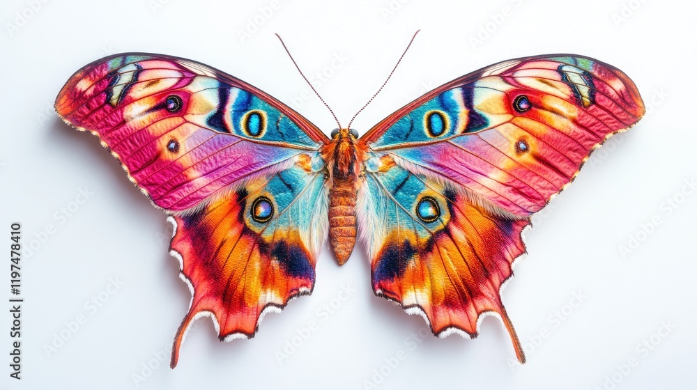 Poster vividly colored butterfly specimen with intricate patterns against a white background featuring ampl