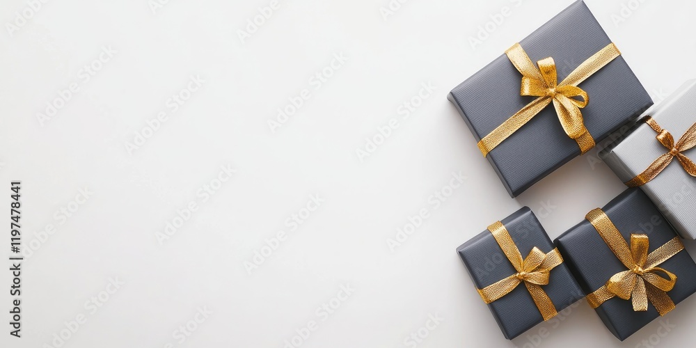 Poster elegant black gift boxes with gold ribbons arranged on a light background with ample copy space for 