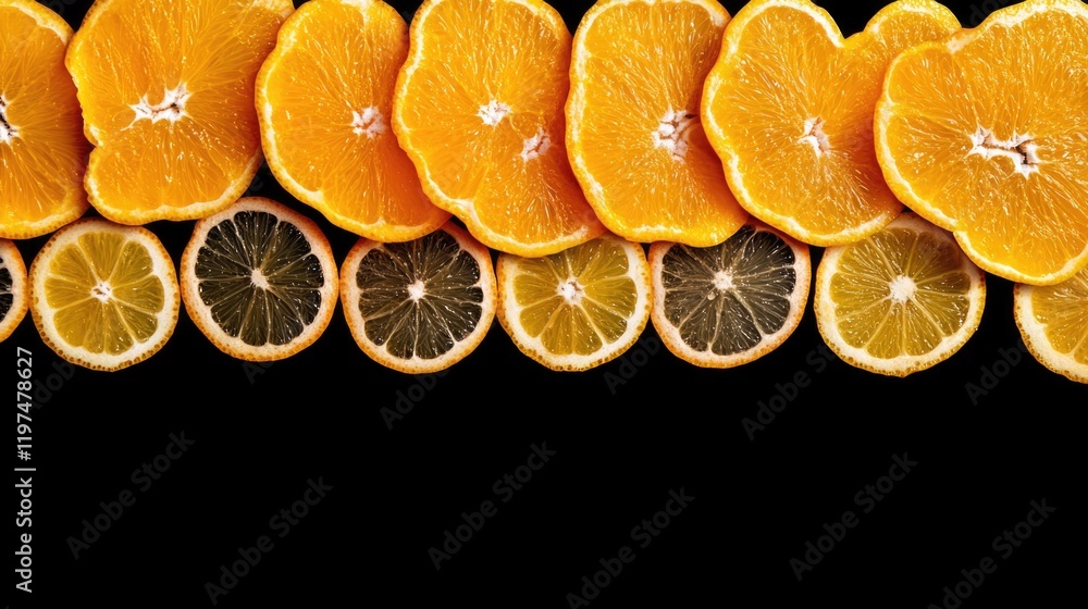 Poster slices of assorted citrus fruits including oranges and lemons arranged horizontally on a black backg