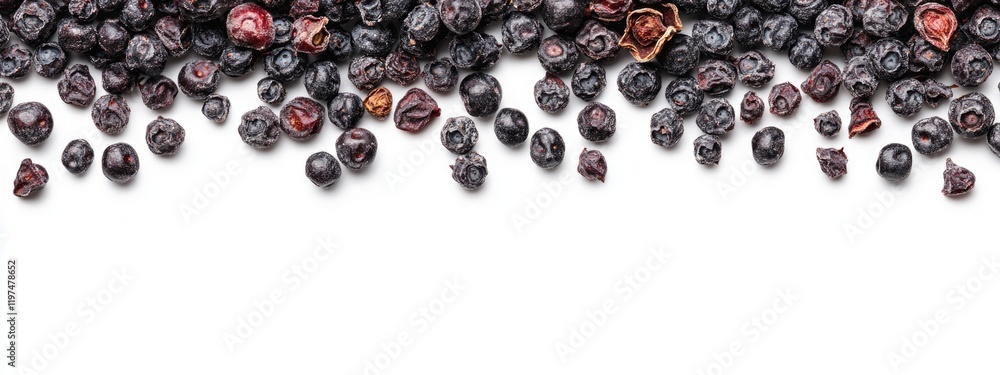 Poster dried elderberries scattered on white background with copy space for text or design usage.