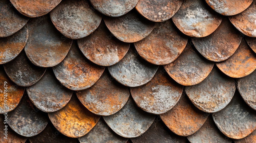 Poster rustic metal texture with overlapping scalloped shapes in shades of brown and orange for background 