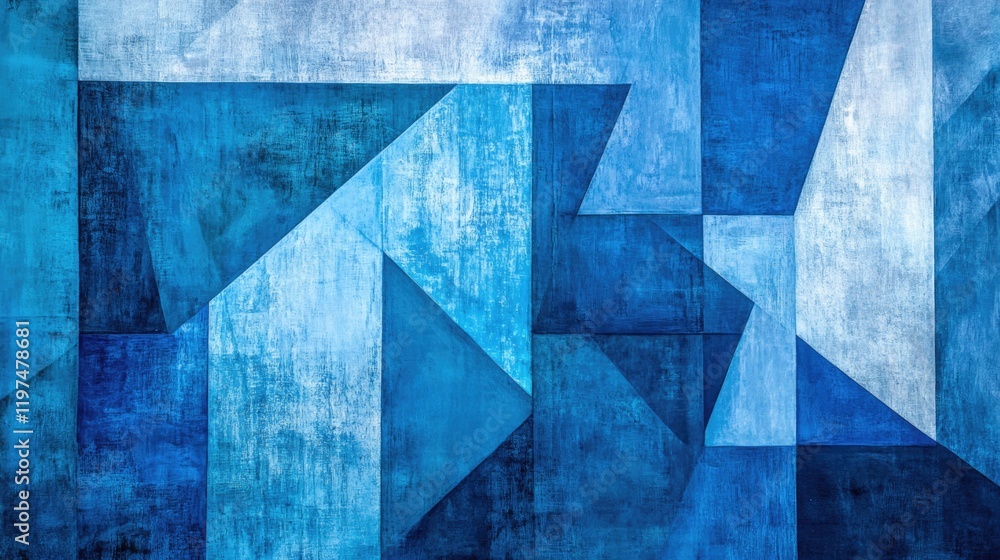 Poster abstract geometric blue painting with varying shades and textures in a modern art style featuring an