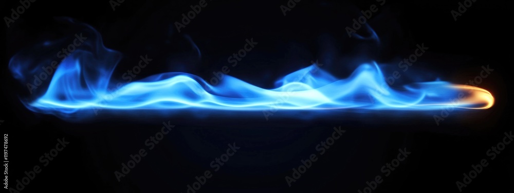Poster blue and orange flames on a black background with smooth flowing smoke and visible copy space for te
