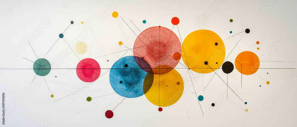 Poster playful arrangement of colorful dots connected by simple dotted lines on a light background