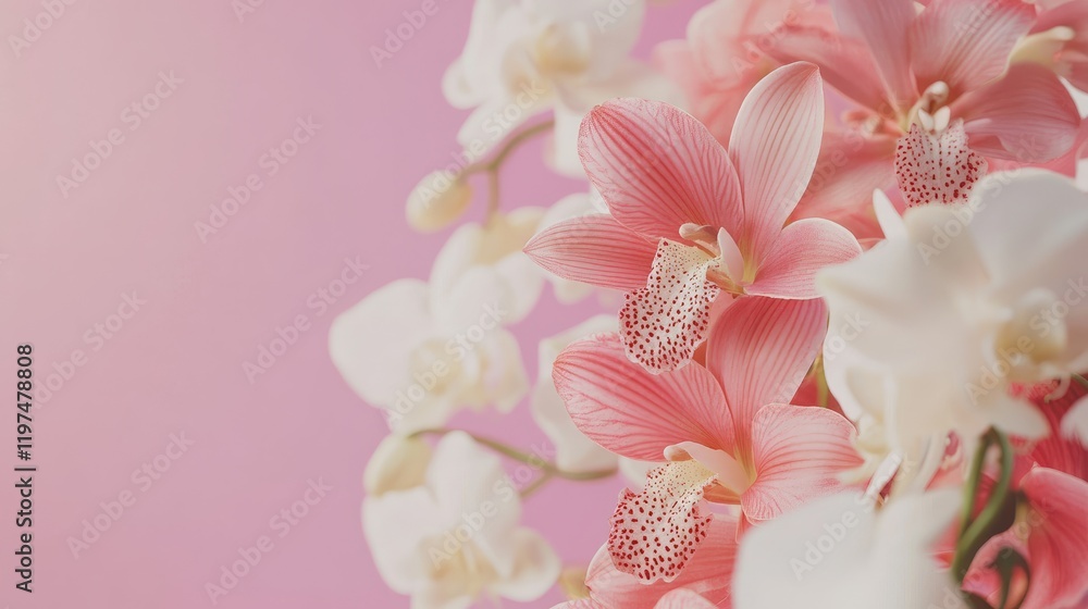 Poster pink and white orchids on a soft pink background with copy space for text and design elements