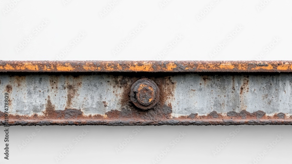 Poster rusty metal beam with rust and corrosion detail on a white background with copy space for text.