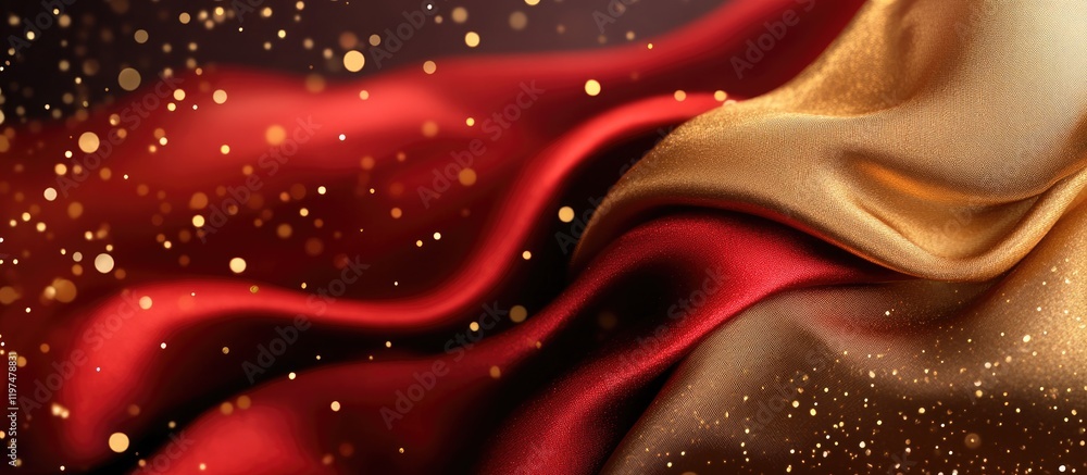 Poster elegant flowing red and gold silk fabric with bokeh sparkles background copy space