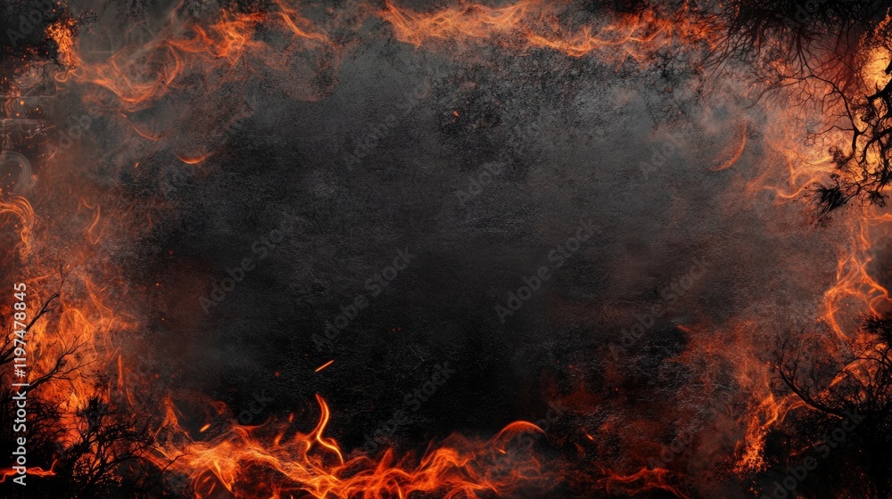Poster fire and smoke frame background with black center for copy space in a dramatic design setting