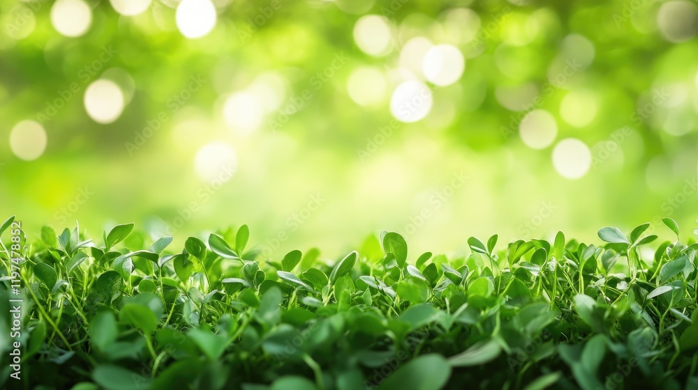 Poster lush green grass with soft blurred bokeh background and natural light copy space for text placement