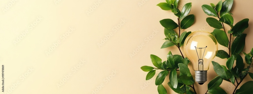 Aufkleber light bulb surrounded by green leaves on a beige background with ample copy space for text placement
