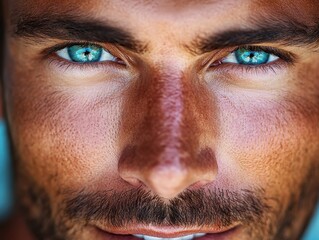 Fototapeta premium Close-up of a man with striking blue eyes and tan skin showcasing a confident expression against a neutral background