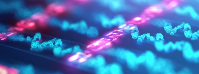 Abstract close-up of colorful sound waves and audio signals with vibrant blue and pink tones on a dark background Copy Space