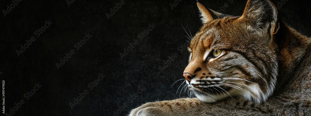 Poster lynx profile on dark background displaying detailed fur texture and sharp gaze with copy space for t
