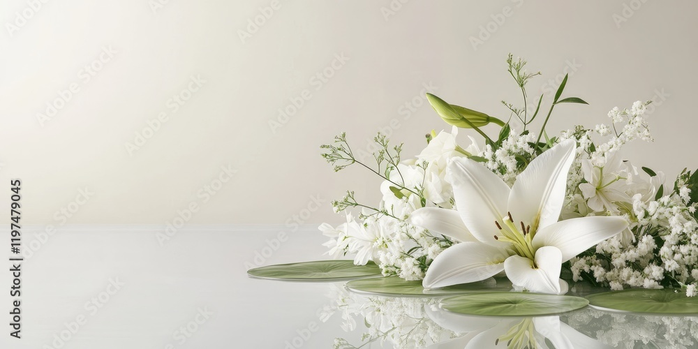 Poster white lily and mixed flowers arrangement on reflective surface with soft beige background and ample 