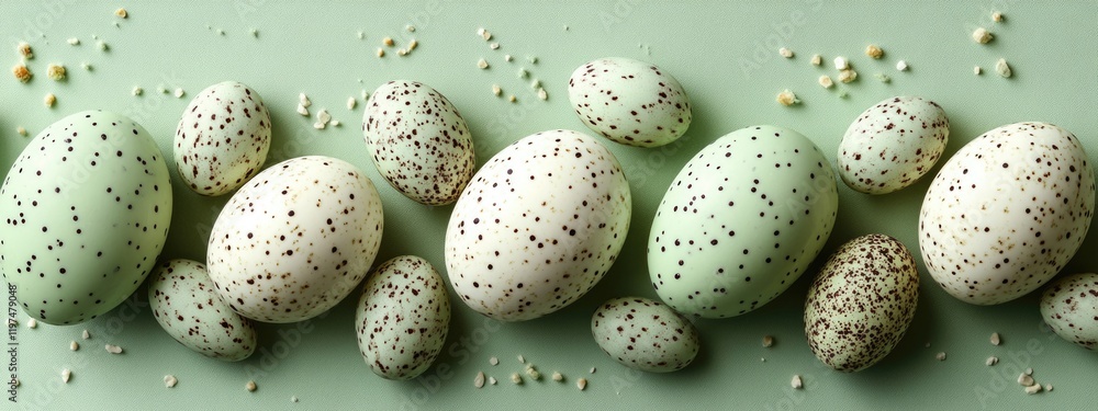 Poster collection of decorative speckled eggs on a soft green background with copy space for text placement