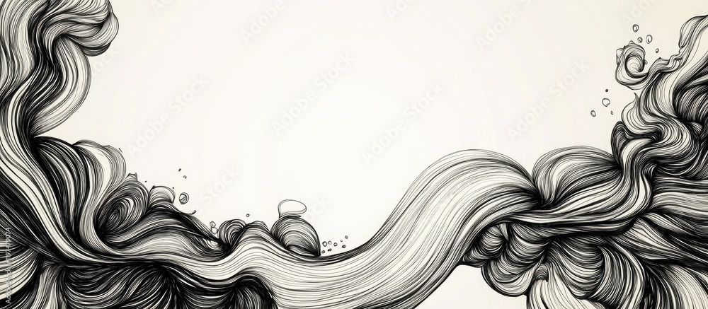 Poster black and white abstract flowing wave design with intricate details and copy space for text placemen