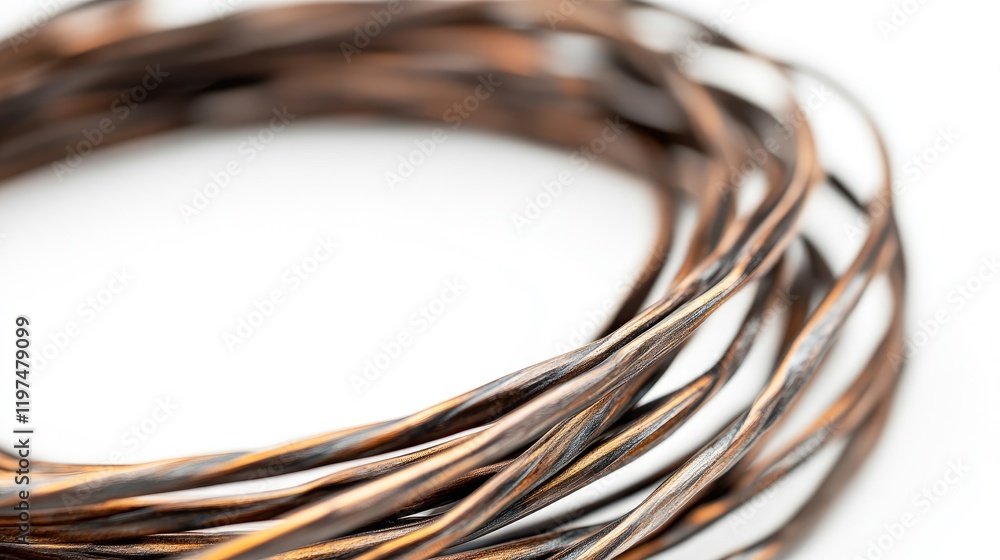 Poster a close-up of intertwined copper and black wire strands on a white background with ample copy space 