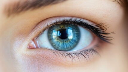 Obraz premium Close-up of a human eye with striking blue iris and detailed eyelashes showcasing natural beauty and texture with Copy Space available for text.