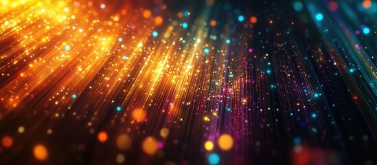 Colorful abstract light trails with bokeh effect in shades of orange blue and purple on dark background with Copy Space