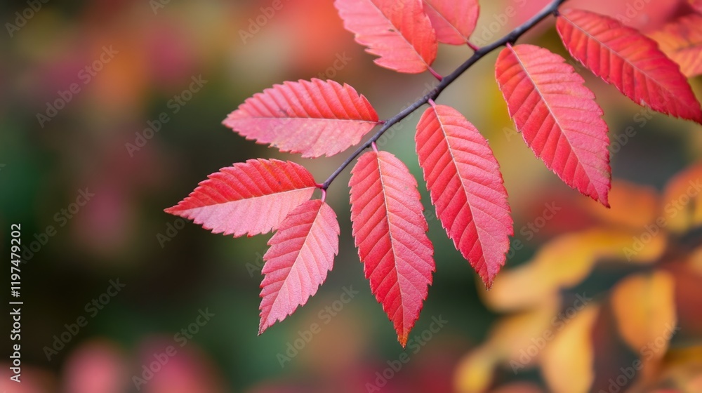 Poster vibrant red leaves on a branch with blurred background and ample copy space for text placement in au