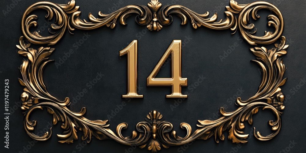 Poster ornate golden frame with intricate design displaying the number 14 on a dark background with copy sp