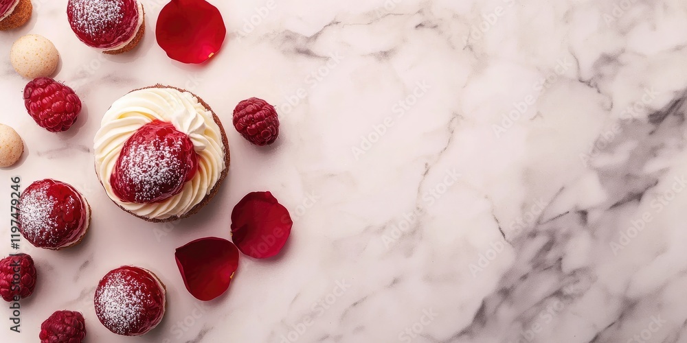 Poster raspberry cupcake with cream topping and rose petals on marble background with copy space for text