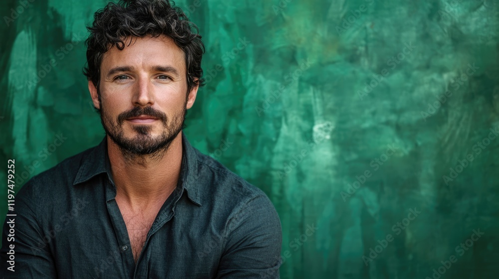 Poster portrait of a man with curly hair and beard against a textured green background featuring copy space