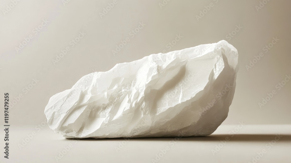 Poster close-up view of a large white chalky rock isolated on a neutral background with copy space for text