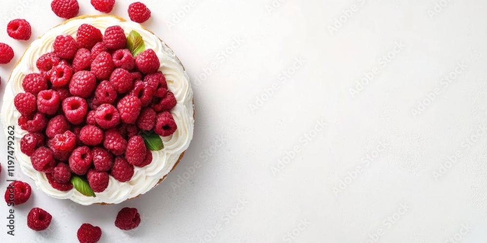 Poster raspberry topped cake with whipped cream and mint leaves on white background with copy space for tex