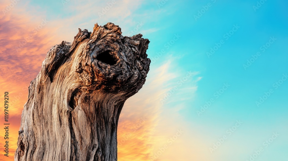 Poster abstract close-up of a weathered tree stump against a vibrant sunset sky with colorful clouds showca
