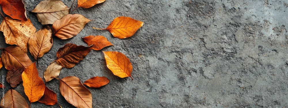 Poster autumn leaves scattered on textured gray concrete surface with copy space for text placement