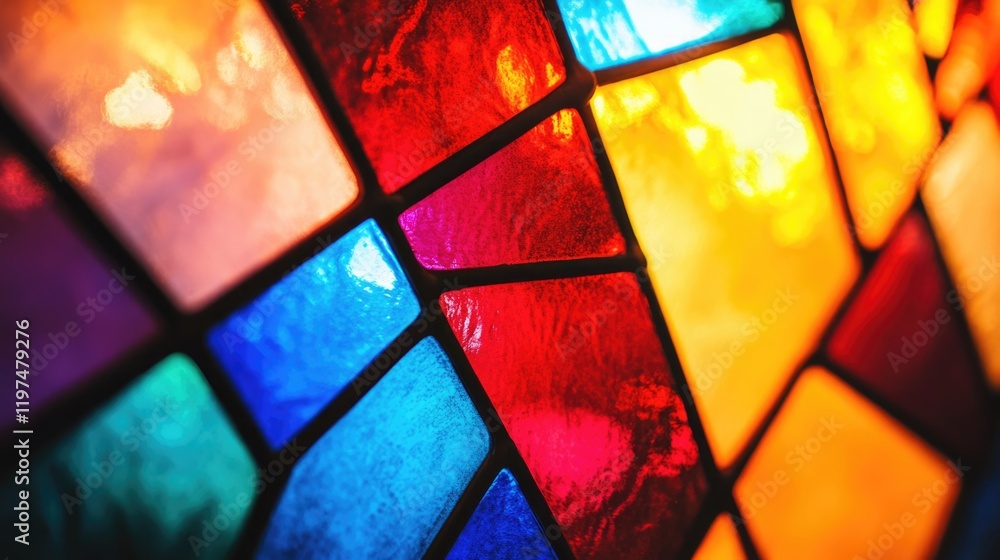 Poster colorful stained glass window close-up featuring vibrant hues and abstract patterns with copy space 