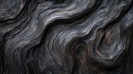 Textured surface of dark twisted wood with flowing patterns and grain details suitable for backgrounds or decorative elements with Copy Space.