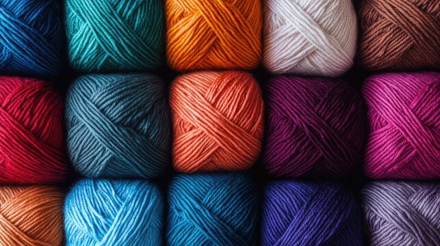 Colorful balls of yarn arranged in a grid pattern displaying various shades and textures with copy space for text placement.