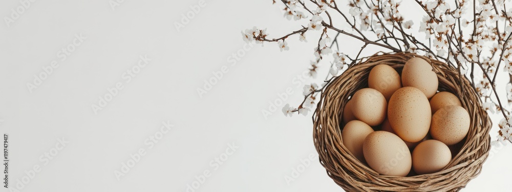 Poster brown eggs in a woven basket with floral branches on a light background with copy space for text pla