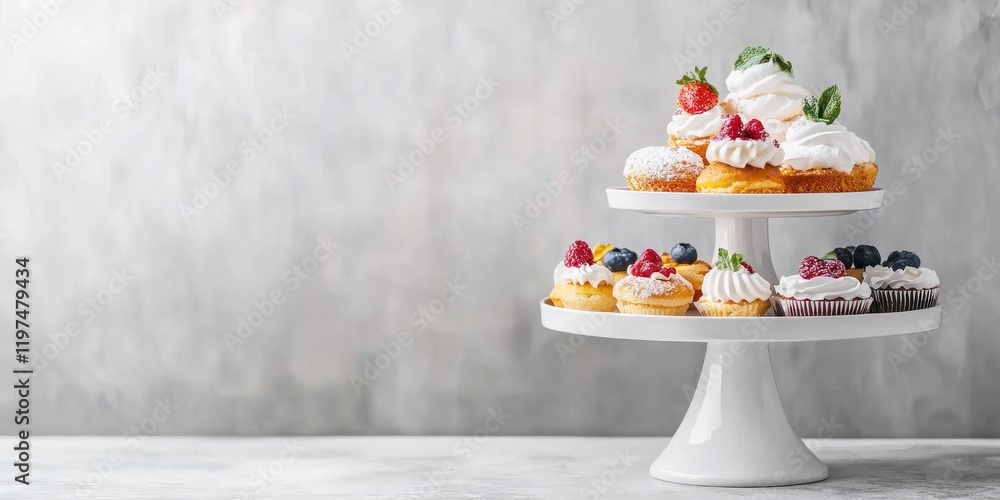 Poster cupcake display on a white stand with various toppings including berries and cream against a gray ba