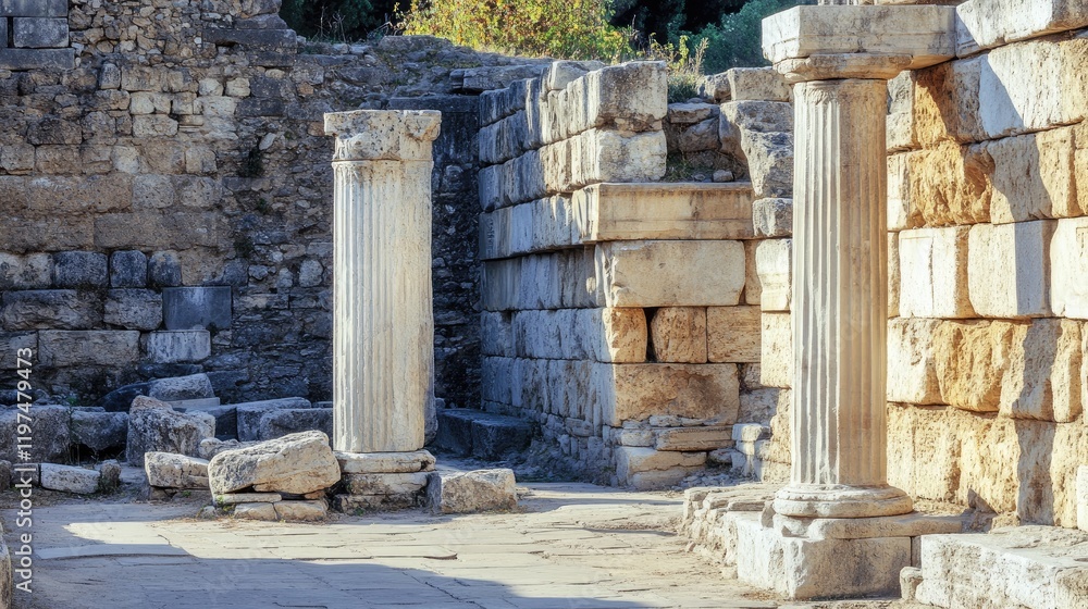 Poster ancient ruins with classical columns and stone walls captured in sunlight showcasing historical arch