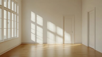 Fototapeta premium Empty interior room with wooden floor and large windows casting shadows on white walls, featuring a door and copy space available.