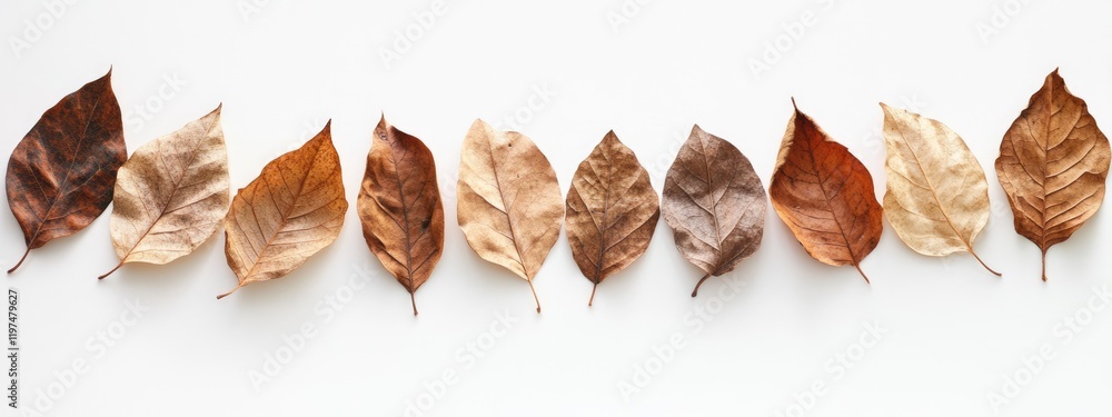 Poster dried leaves arranged in a row on a white background with natural earth tones and copy space for tex