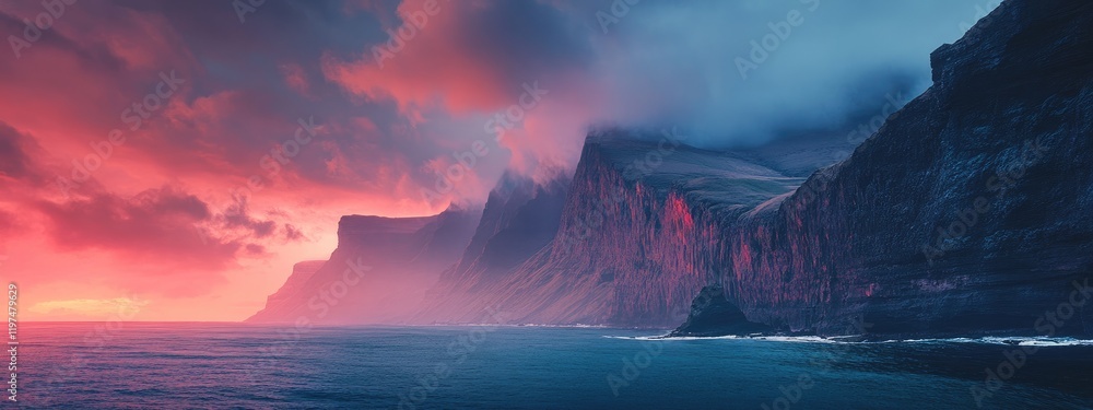 Poster vibrant sunset over rugged cliffs and ocean with dramatic cloud formations and copy space for text i