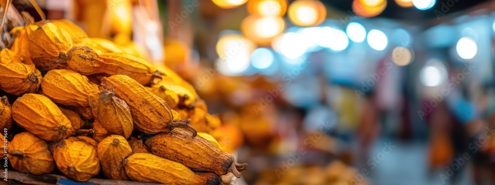 Poster cacao pods displayed at a market with blurred background lights and copy space for text
