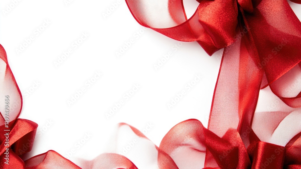 Poster red satin ribbons elegantly arranged on a white background creating a decorative frame with ample co