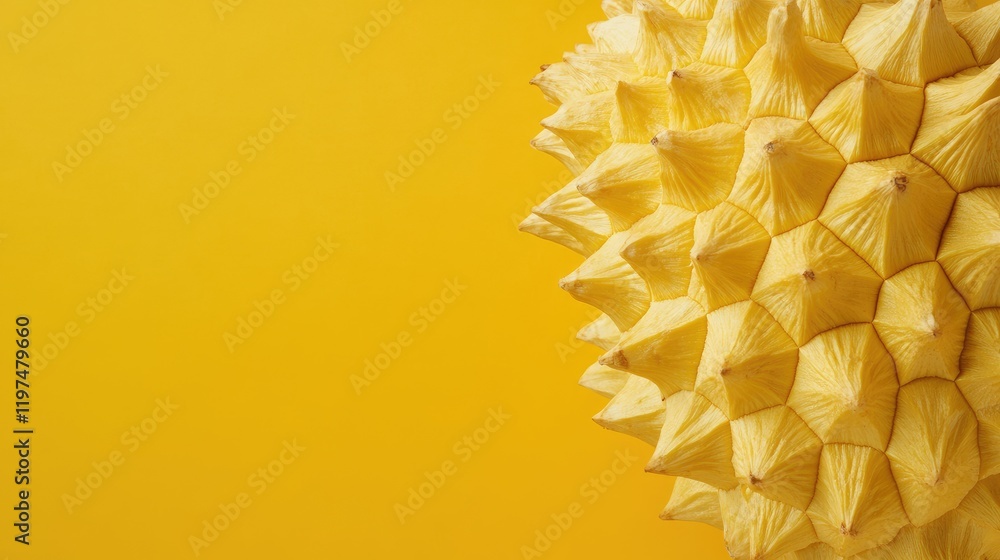 Poster durian fruit close-up on bright yellow background with copy space for text placement showcasing its 