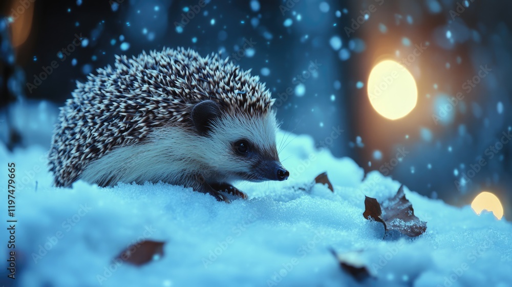 Poster Winter scene featuring a hedgehog in snow illuminated by soft bokeh lights with copy space for text and a tranquil atmosphere.