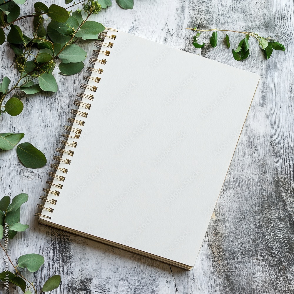 Poster Blank spiral notebook positioned on rustic wooden table with green foliage for creative ideas and inspiration. Generative AI