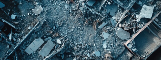 Fototapeta premium Aerial view of urban debris and rubble from a demolished building with scattered materials and destruction visible Copy Space