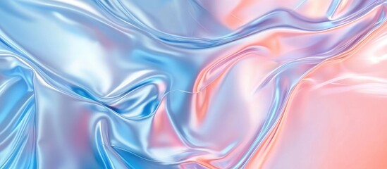 Obraz premium Iridescent satin fabric texture in pastel blue and pink tones with smooth drapes and gentle folds, ideal for background use, Copy Space.
