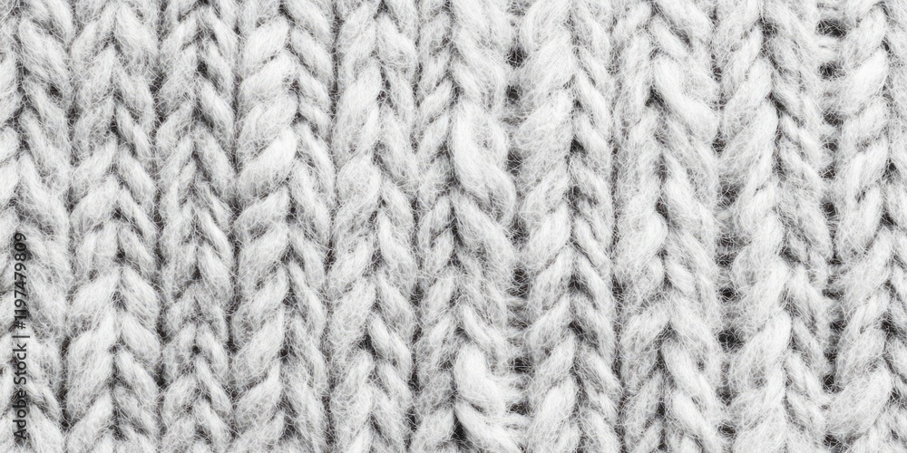 Poster close-up of textured gray and white knitted fabric showing detailed stitch patterns with copy space 