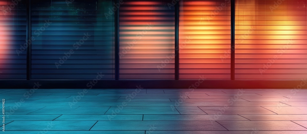 Aufkleber colorful illuminated wall panels with intricate patterns and smooth reflective floor copy space